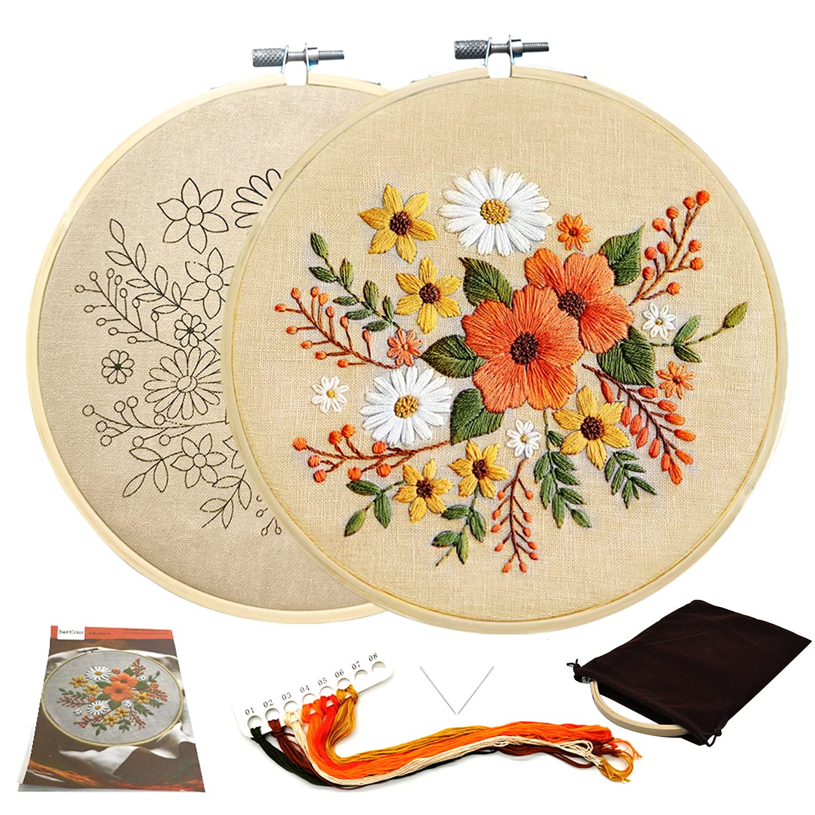 SwirlColor Embroidery Kits for Adults, Quality Linen Fabric Brilliant Embroidery Kit for Beginners with Embroidery Thread Embroidery Hoop (Flower 1)