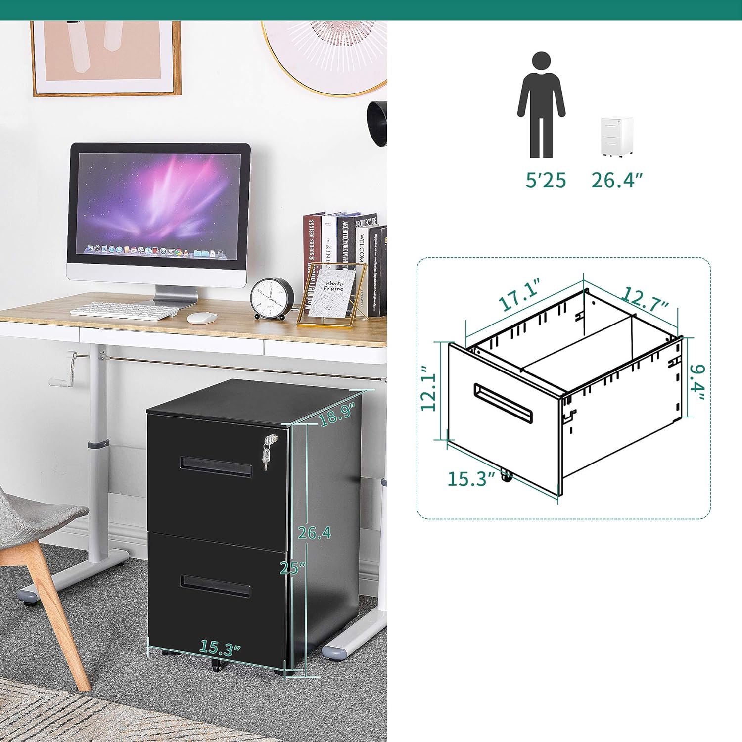 YITAHOME 2-Drawer Mobile File Cabinet with Lock, Office Storage Filing Cabinet for Legal/Letter Size, Pre-Assembled Vertical Metal File Cabinet Except Wheels Under Desk - Black: Furniture & Decor