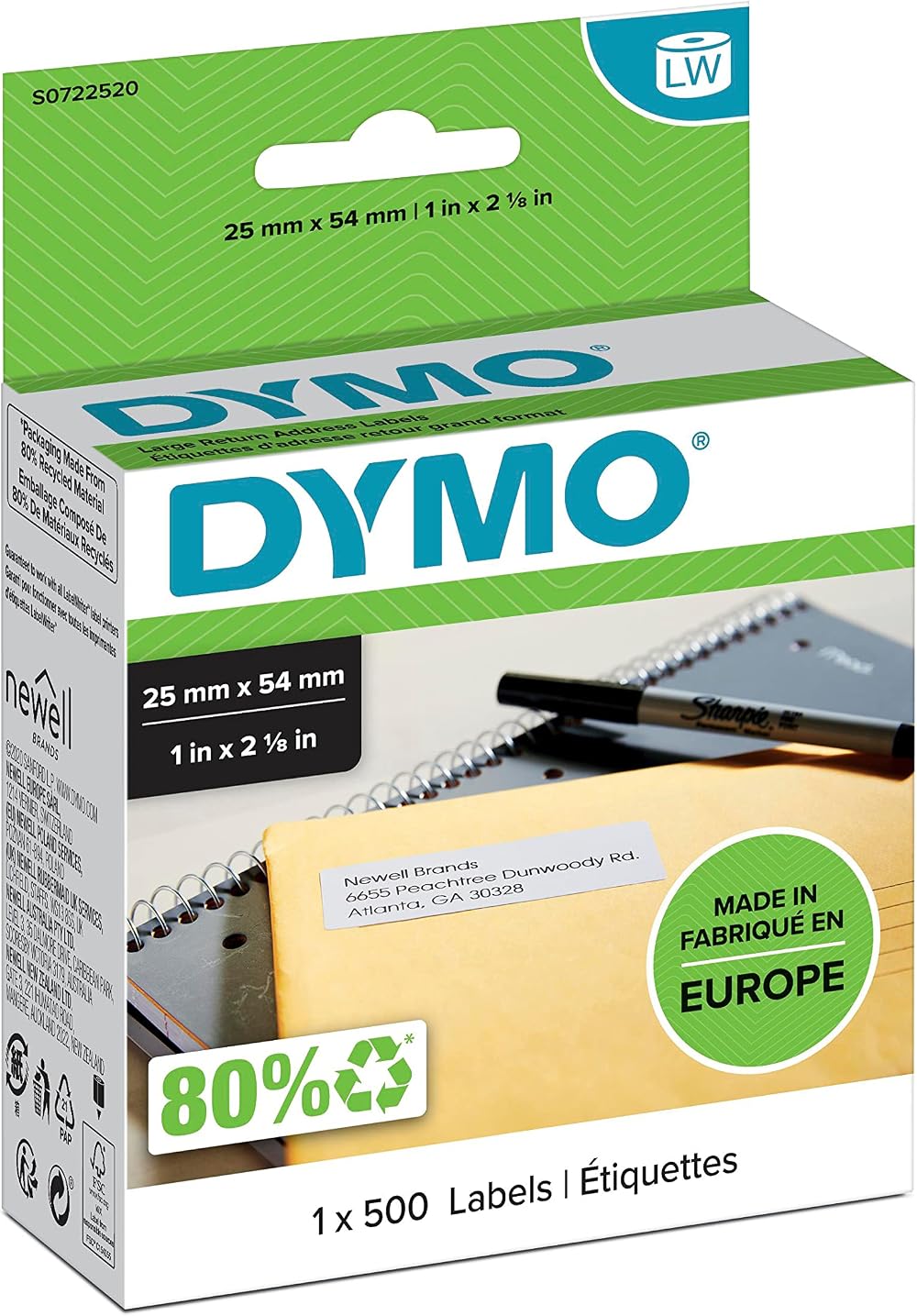 DYMO LabelWriter Return Address Labels 25 mm x 54 mm Roll of 500 Self-Adhesive