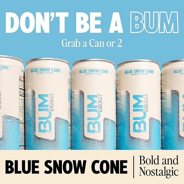 BUM SUGAR-FREE ENERGY DRINK, BLUE SNOW CONE – LIGHTLY CARBONATED & NO ARTIFICIAL COLORS, NATURAL CAFFEINE & CITICOLINE FOR ENERGY & FOCUS, BRAIN BOOST & WORKOUT SPORTS BEVERAGE – 12 OZ, PACK OF 12