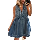 yoeasy Women's Sleeveless V Neck Denim Romper Dress Tie Front Ruffle Flowy Cute Loose Jean Dresses with Pockets