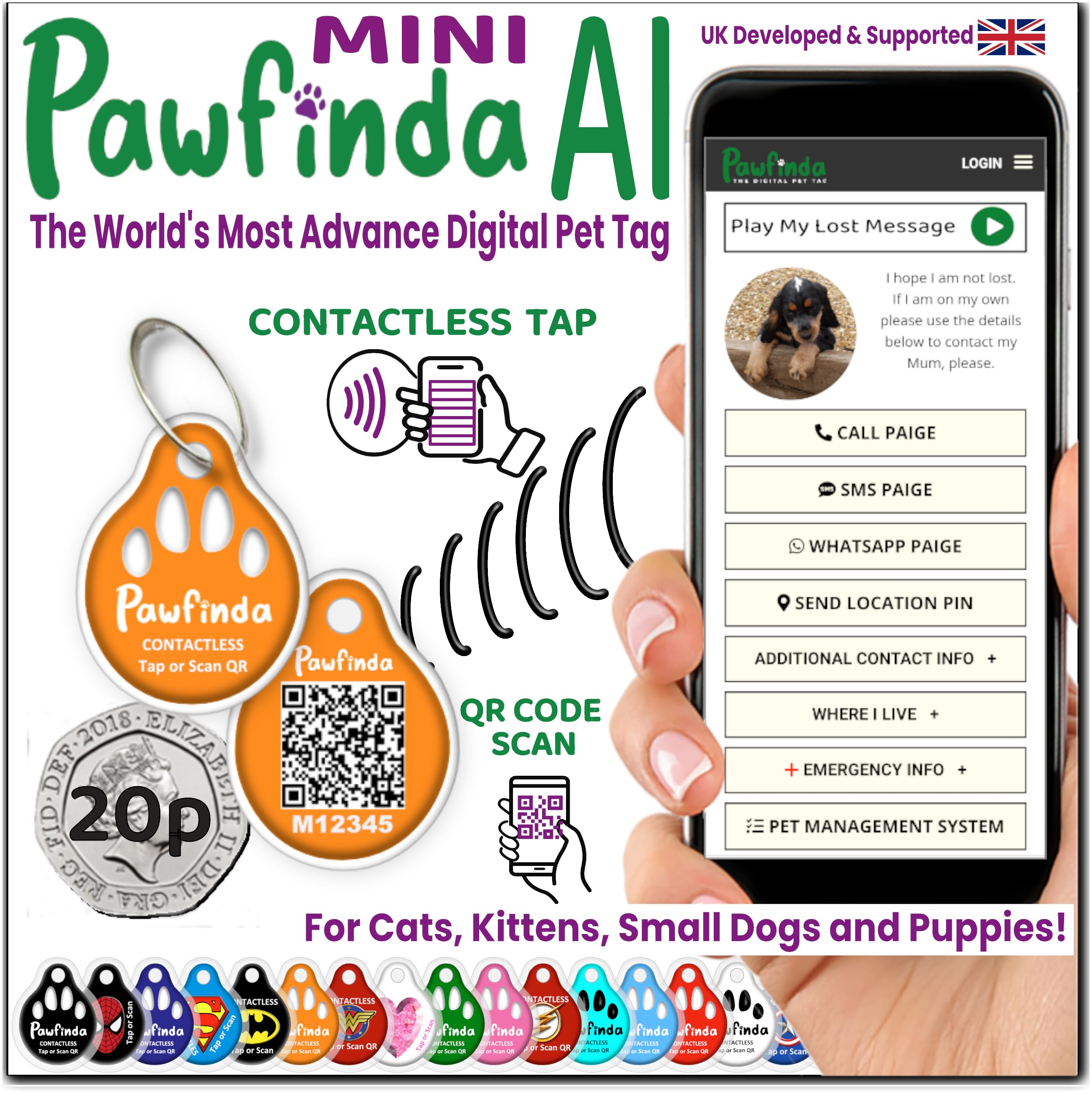 PAWFINDA – Next Generation AI Digital Personalised Cat Dog Pet Engraved ID Tag with CONTACTLESS NFC and QR Code Technology Now with PawVoice AI. UK Developed, Designed, and Supported. (Orange)