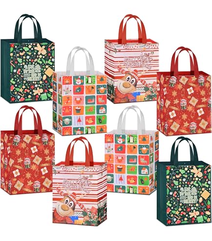 Xiuyer Sacs de Cadeaux de Noël Réutilisables, 10 Pièces avec Anse pour Bonbons et Emballage Cadeau, Anniversaire, Thanksgiving (L