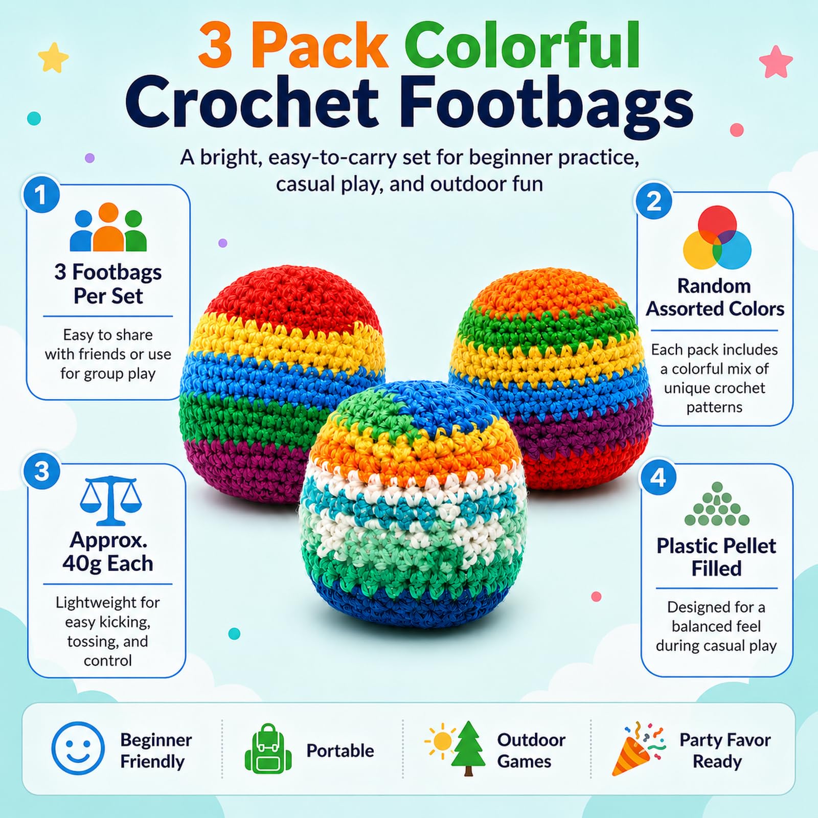 Condition photo showing New/Like New for potovcvrp 3 pack crochet footbags, random colors knitted kick sack balls, approx 40g plastic pellet