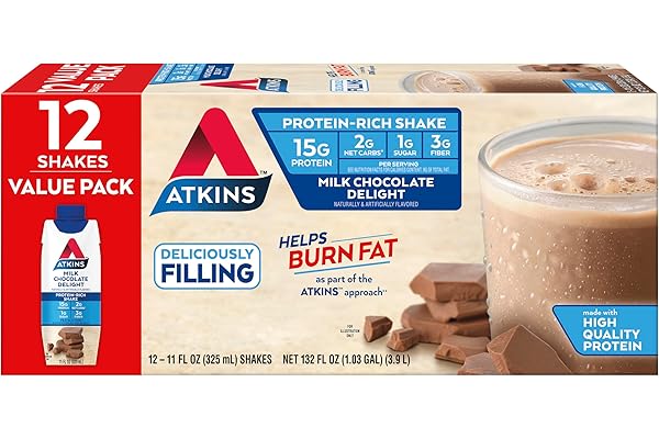 Atkins Milk Chocolate Delight Protein Shake, 15g Protein, Low Glycemic, 2g Net Carb, 1g Sugar, Keto Friendly, 12 Count