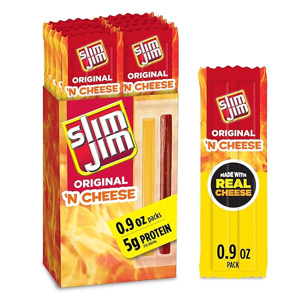 SLIM JIM BEEF ‘N CHEESE SMOKED MEAT STICKS, ORIGINAL FLAVOR, 5G PROTEIN PER SERVING, SNACK SIZE, FATHER’S DAY MEAT AND CHEESE SNACK GIFT, 0.9 OZ. (10 COUNT)