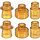 Double Sided Vintage Ribbed Taper Glass Candle Holders,Tea Candle Holder for Table Centerpieces, Wedding Decorations and Dinner Parties (Amber, 6 PCS)