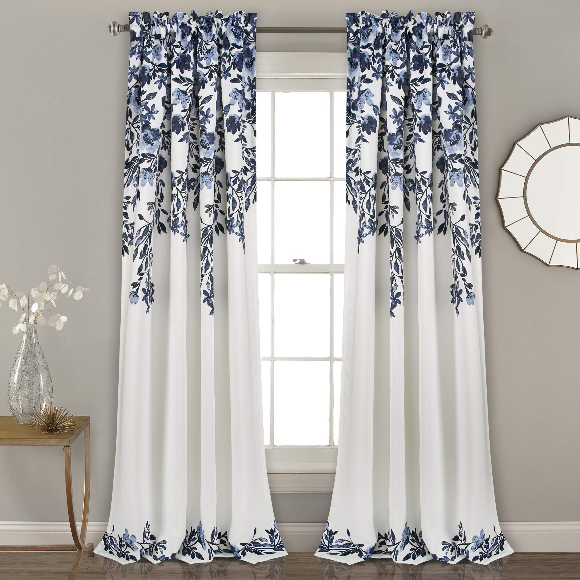 Lush Decor Tanisha Curtains - Light Filtering Window Panel Set, Pair - Floral Vine Print, Beautiful, Modern, Elegant Home Decor - 52" W x 95" L, Navy & White