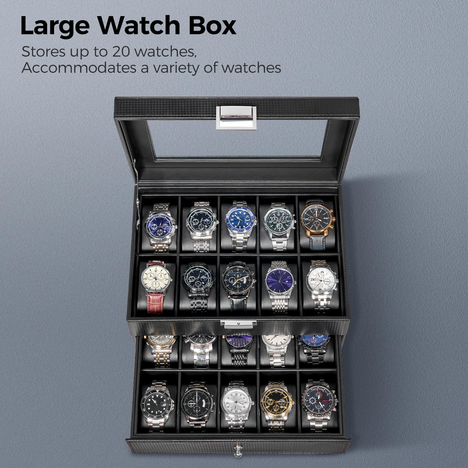BEWISHOME Watch Case, 20-Slot Watch Box Organizer for Men Watch Case with Large Glass Lid Watch Travel Case Removable Watch Pillows, Mens Jewelry Box Watch Display Case, Watch Storage, Black SSH04C