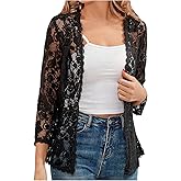 SHENHE Women's Lace Cardigan 3/4 Sleeve Open Front Lightweight Sheer Dressy Cardigan Jacket