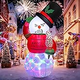 6FT Christmas Inflatables Snowman, Christmas Blow Up Snowman with Black Hat and Scarf,Built-in 360°Rotating Colorful Lights Christmas Inflatables Outdoor Decorations for Indoor Patio New Year