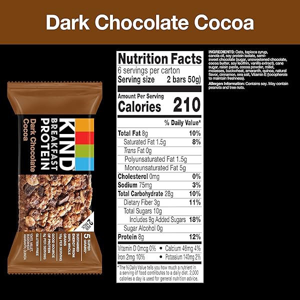 KIND BREAKFAST PROTEIN BARS, DARK CHOCOLATE COCOA, HEALTHY SNACKS, GLUTEN FREE, 8G PROTEIN, 30 COUNT