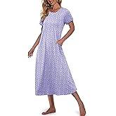 Marvmys Womens Long Cotton Nightgown Short Sleeve Nightshirt O Neck Sleepwear Full Length Sleepshirt with Pockets S-3XL