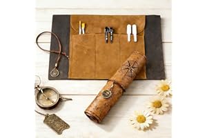 3 Slots Retro Canvas Faux Leather Pencil Wrap Pencil Roll – 8.1in×12.2in Holds 10 Pens Smooth Soft Pencil Case for Drawing Co