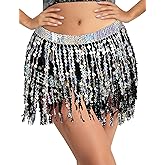 BFONS Sequin Tassel Skirt Belly Dance Hip Scarf Wrap Sparkly Tinsel Fringe Skirt Rave Festival Halloween for Women