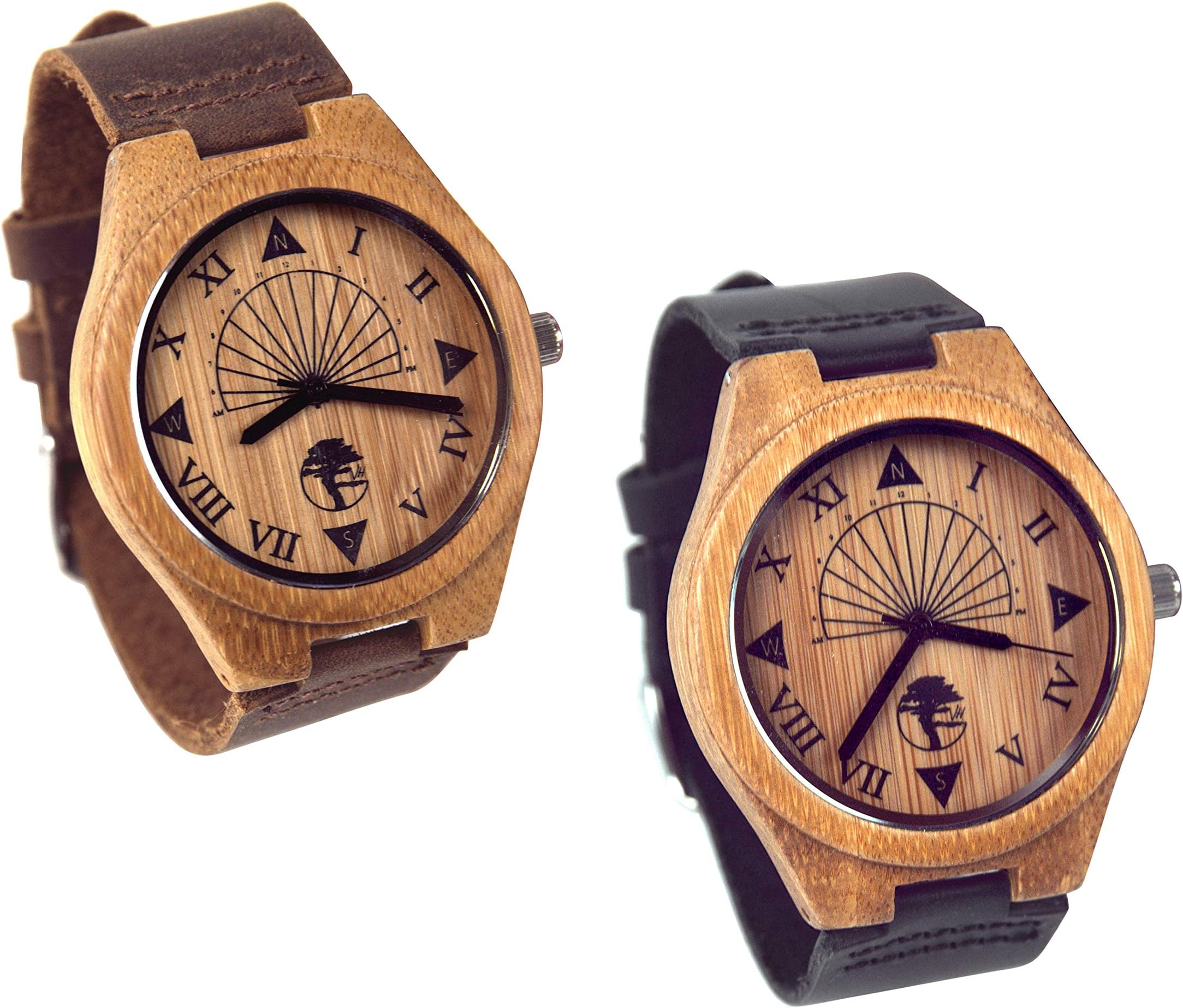 Viable Harvest Men’s Wood Watch, Unique Sundial Design, Natural Bamboo, Genuine Leather and Gift Box