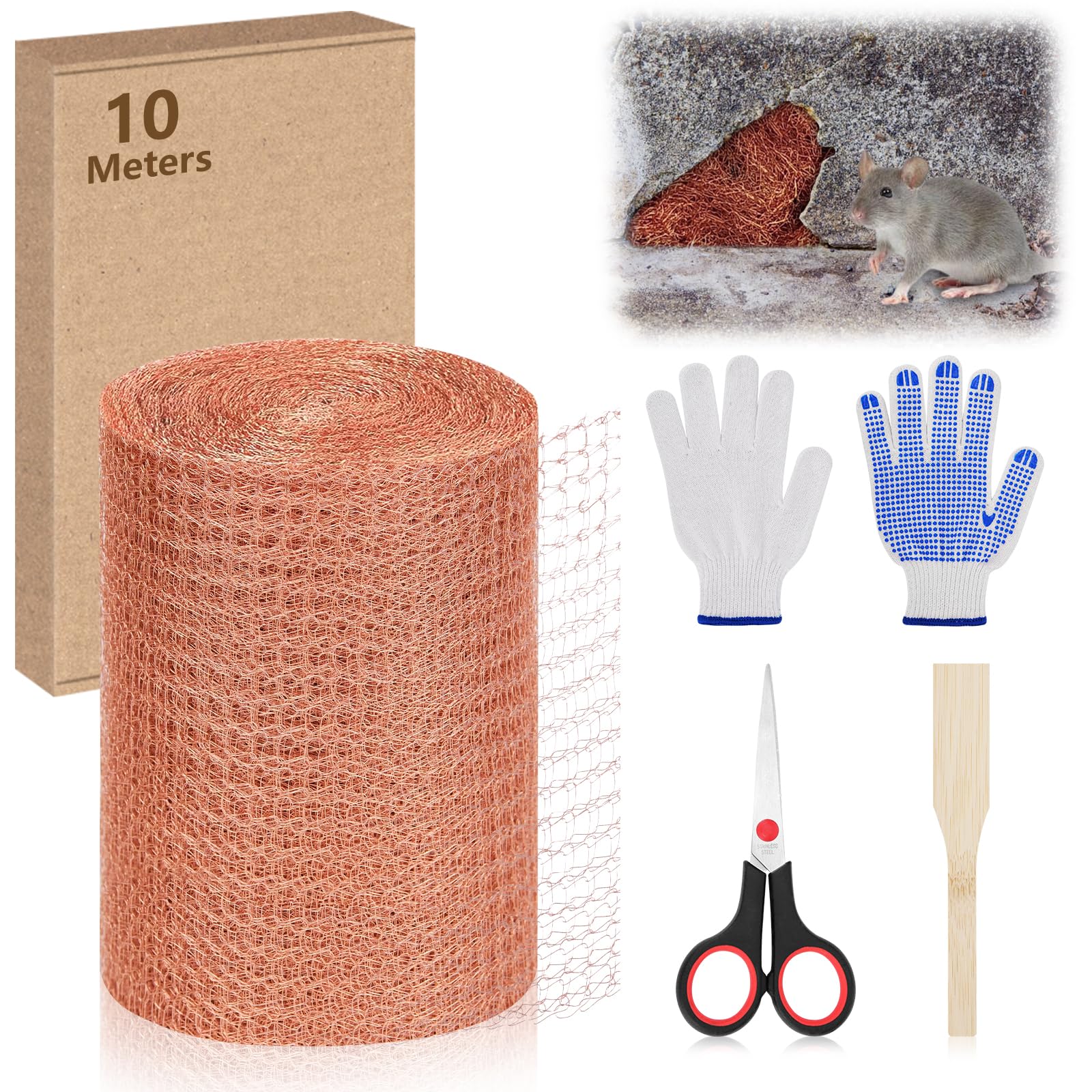 SelfTek Copper Mesh Rodent Control, 10 Meters Pure Copper Rodent Mesh Rustproof Copper Wool Double Layer Copper Mesh Roll with Work Gloves, Scissors and Bamboo Tool, 10m X 12.7cm/32.8ft X 5in