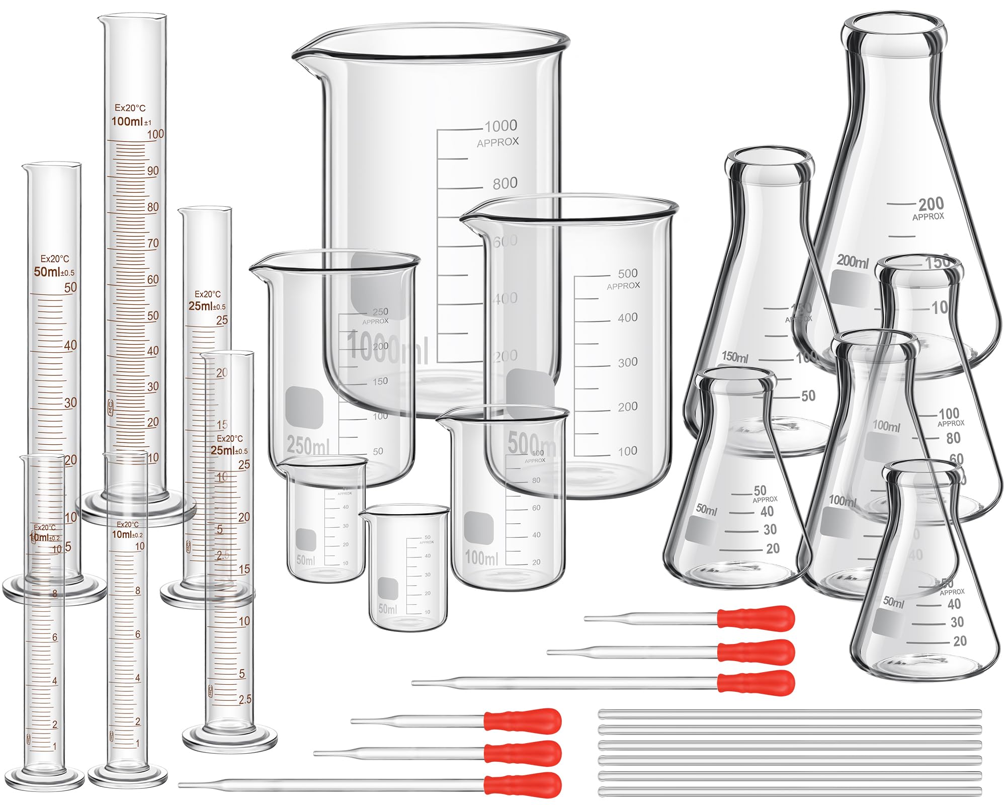 Photo 1 of Frienda 30 Pcs 50/100/250/500/1000ml Lab Glassware Include Graduated Cylinder, Glass Beaker Set, Glass Dropper, Stirring Rod, Measuring Cups for Laboratory Science Chemistry Supplies