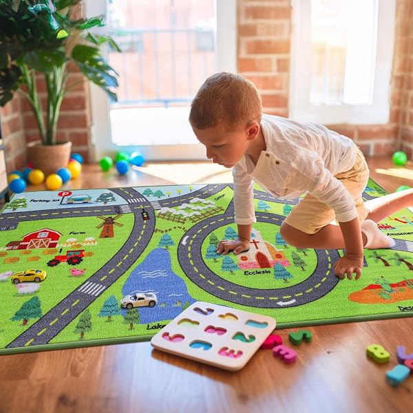BEQHAUSE KIDS ROOM RUGS CITY LIFE, 32″X60″ EDUCATIONAL ROAD TRAFFIC KIDS RUG, NON SLIP WASHABLE KID CARPETS FOR CHILDREN ROOM BEDROOM PLAYROOM NURSERY ROOM DECOR