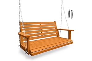 MEGA CASA Wooden Porch Swing, Ergonomic Seat, Bench Swing with Hanging Chains and 7mm Springs, Heavy Duty 880 LBS, for Outdoor Patio Garden Yard (Amber, 2-Seater)