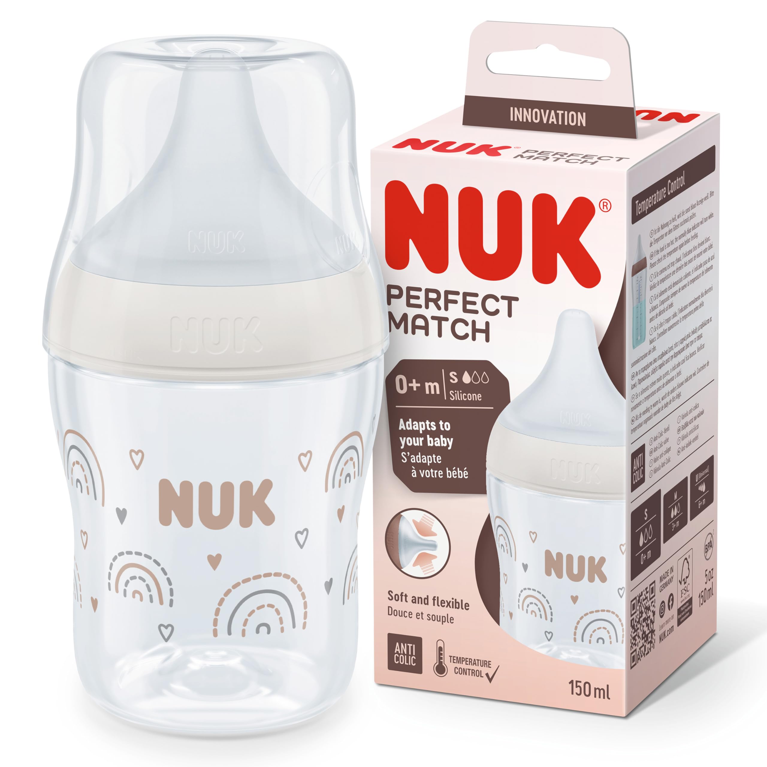 NUK Perfect Match Baby Bottle | 0+ Months | Adapts to Baby's Palate | Temperature Control | Anti Colic Vent | 150 ml | BPA-Free | Small Silicone Teat | Rainbow