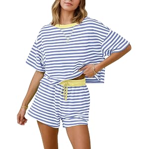 MISSACTIVER Womens Lounge 2 Piece Sets Summer Striped Matching Pajamas Set Short Sleeve Oversized T Shirts Drawstring Shorts