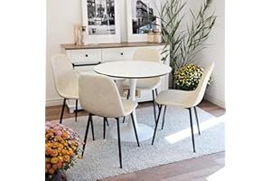 Inspirer Studio Dining Table Set for 4 - Tuilp Table with 4 Upholstered Dining Chairs (Matt Cream)