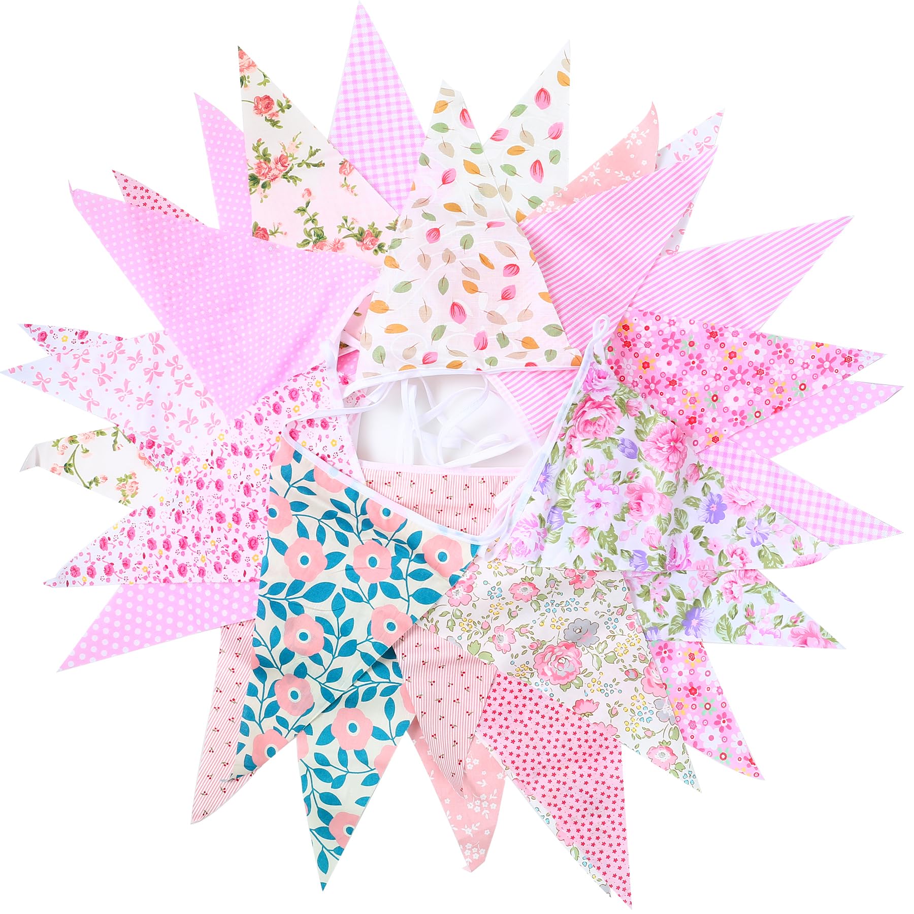 Bunting Outdoor Waterproof - 30Pcs Garden Bunting Outdoor, 10M Bunting Fabric, Cotton Pennant Bunting Outdoor, Floral Bunting Photo Background, Bunting Decorations, Garden Party Wedding Bunting(PINK)