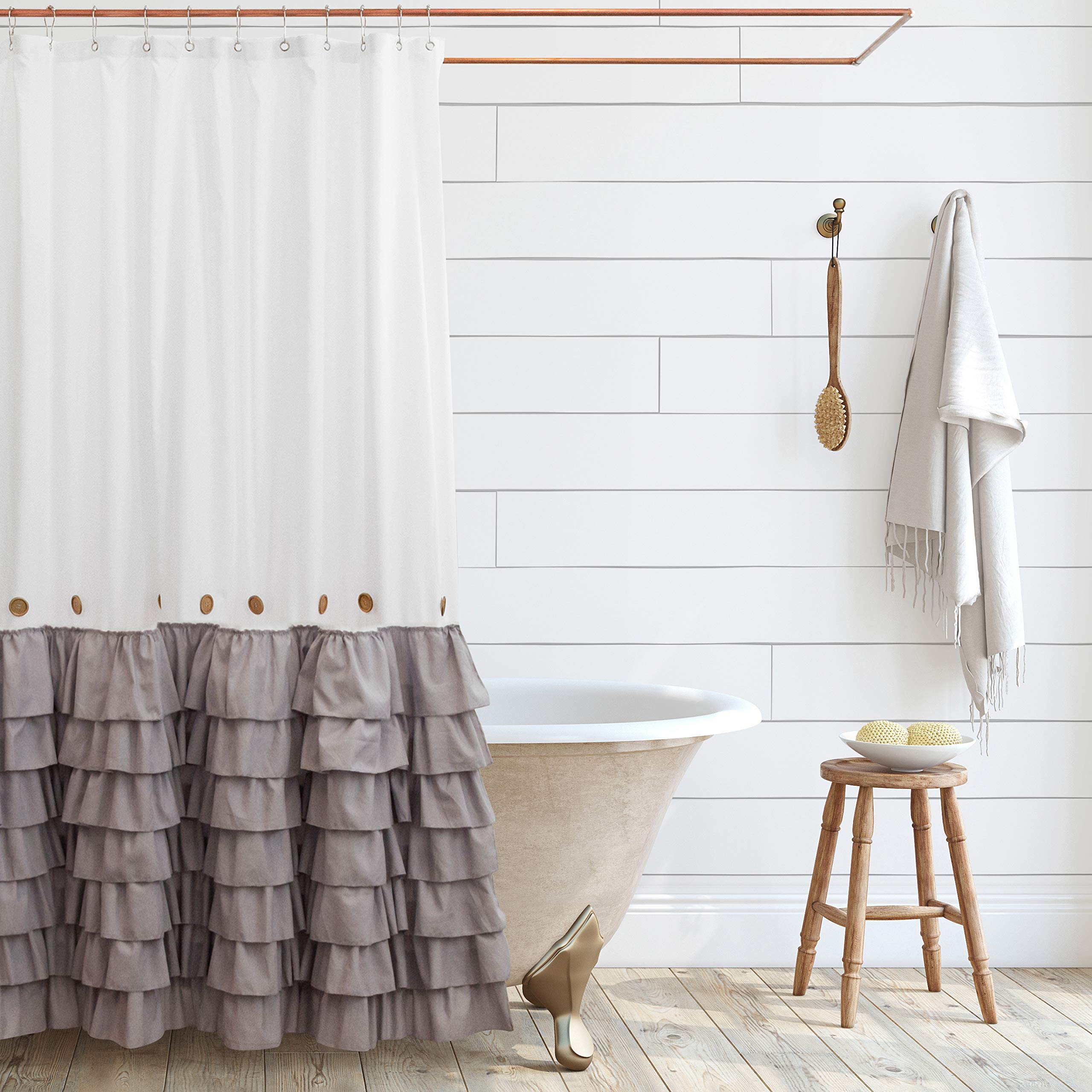 Photo 1 of Shaina White and Gray Farmhouse Shower Curtain 72 x 72 with Shabby Chic Ruffles and French Country Style Buttons - Modern Farmhouse Shower Curtain Fabric (Gray)