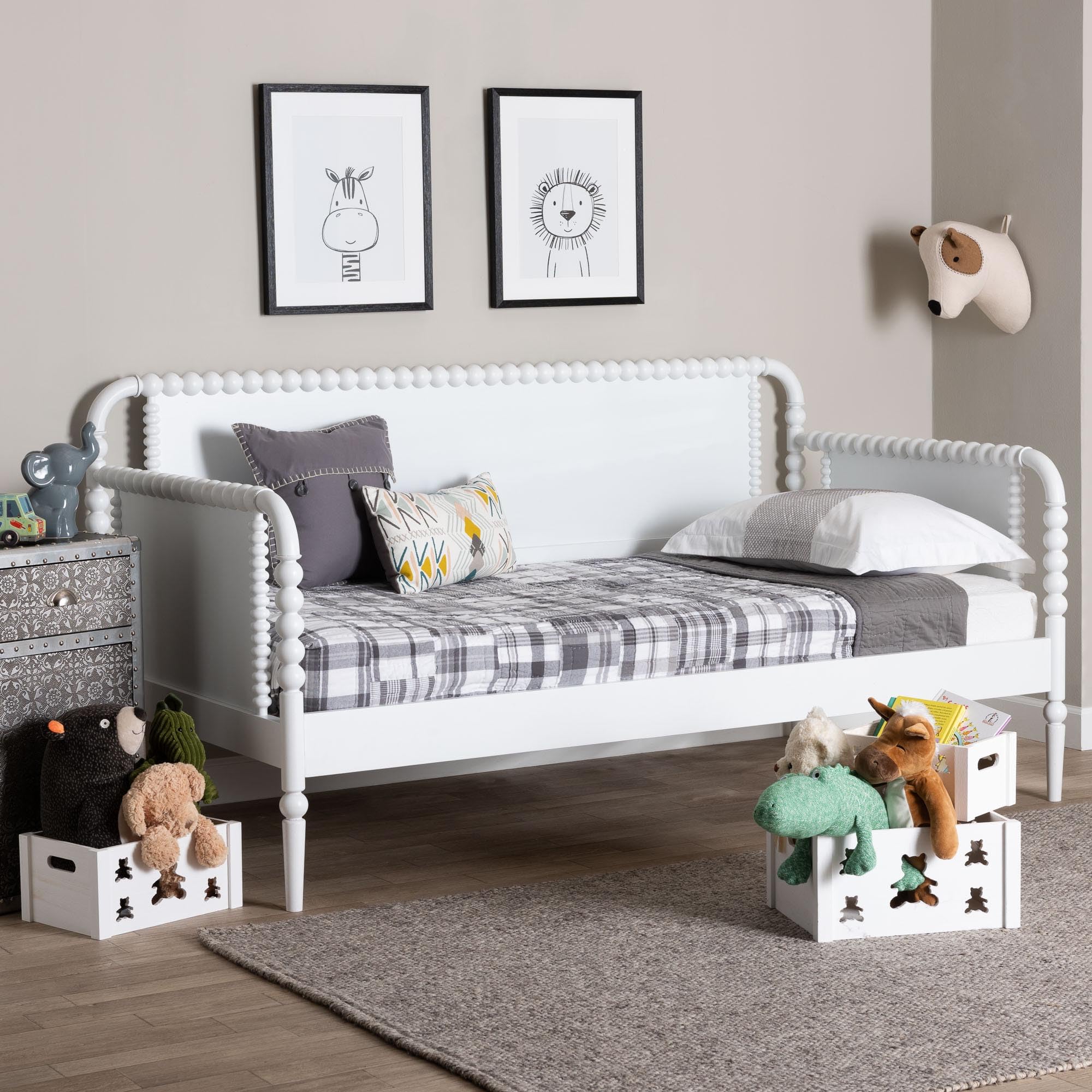 Photo 1 of **2 boxes**Baxton Studio Lucera Bobbin Daybed - Wooden Bed Frame with Turned Spindle Detailing, Classic Style Sofa Bed for Bedroom or Guest Room, Twin, White