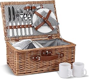 Picnic Basket for 2, Willow Hamper Set with Insulated Compartment, Handmade Large Wicker Picnic Basket Set with Utensils Cutlery - Perfect for Picnicking, Camping, or any Other Outdoor