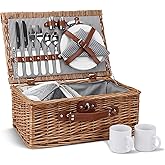 Picnic Basket for 2, Willow Hamper Set with Insulated Compartment, Handmade Large Wicker Picnic Basket Set with Utensils Cutlery - Perfect for Picnic, Camping, or Any Other Outdoor