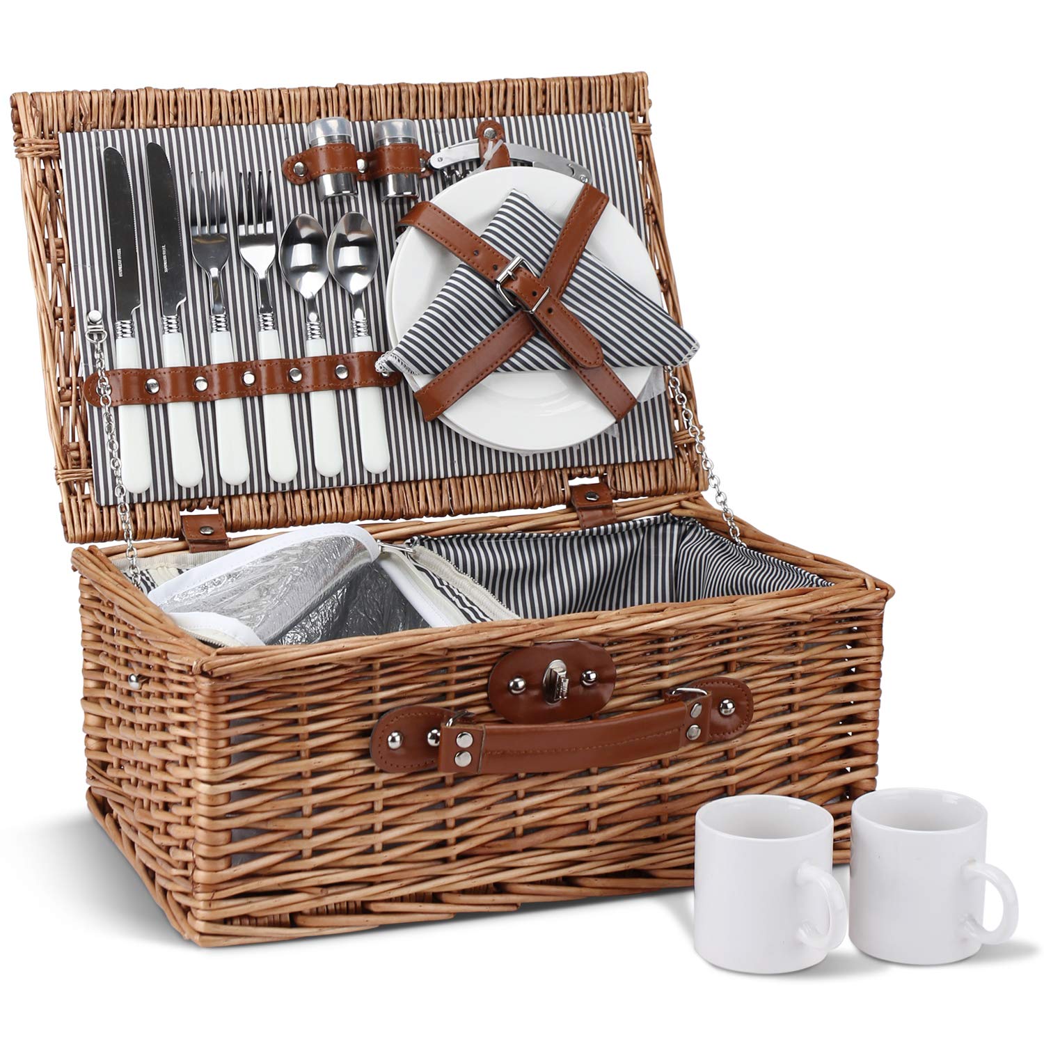 Photo 1 of Picnic Basket for 2, Willow Hamper Set with Insulated Compartment, Handmade Large Wicker Picnic Basket Set with Utensils Cutlery - Perfect for Picnic, Camping, or Any Other Outdoor