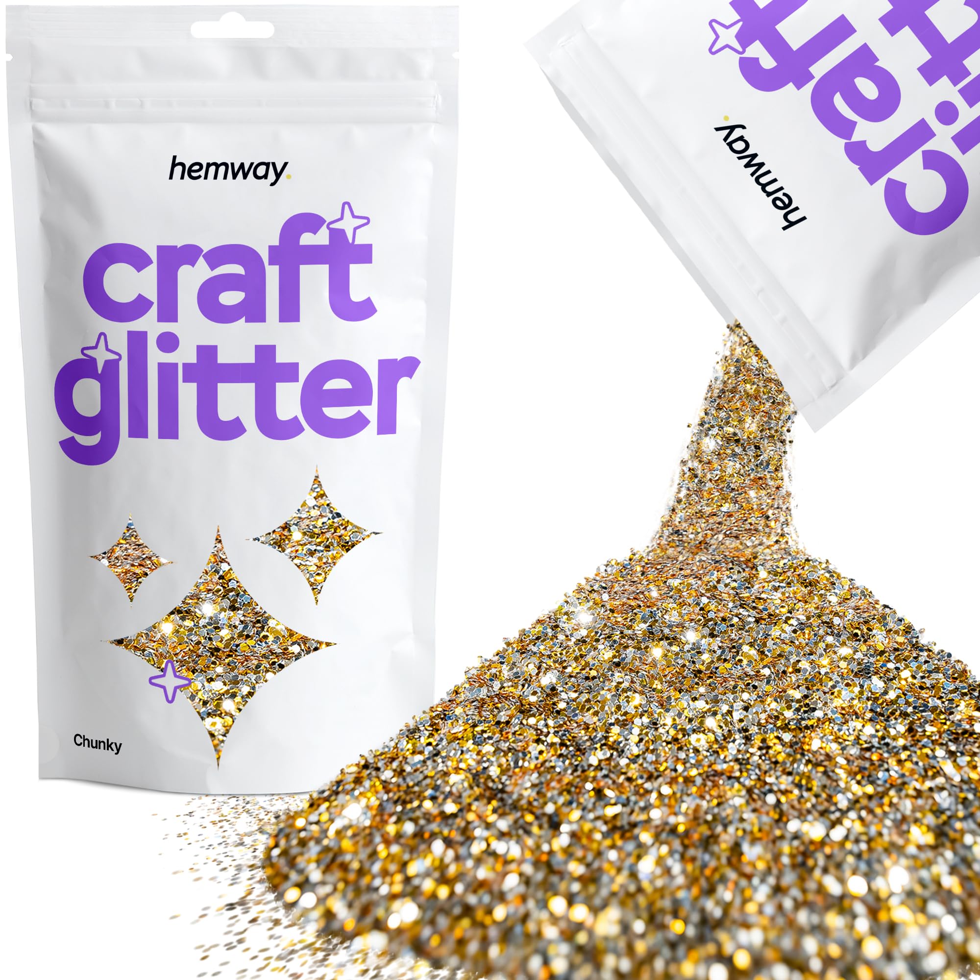 Hemway Craft Glitter Gold Silver 100g Chunky Glitter for Crafts, Resin, Cosmetic, Nail, Face, Body, Festival, Tumblers, Art, Candle, Crafting