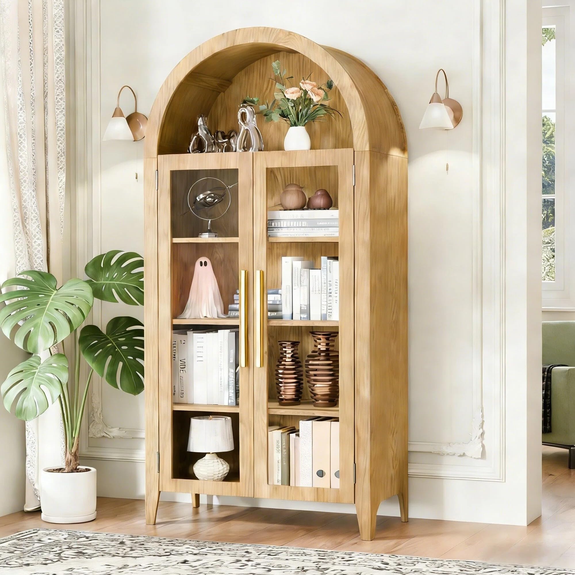 Photo 1 of ***MISSING PARTS*** BROKEN FOOT**
TRUNBACK 63" Arched Display Cabinet with Glass Doors, 5-Tier Curio Cabinet for Living Room, Adjustable Shelves for Dining Room & Home Office, Oak