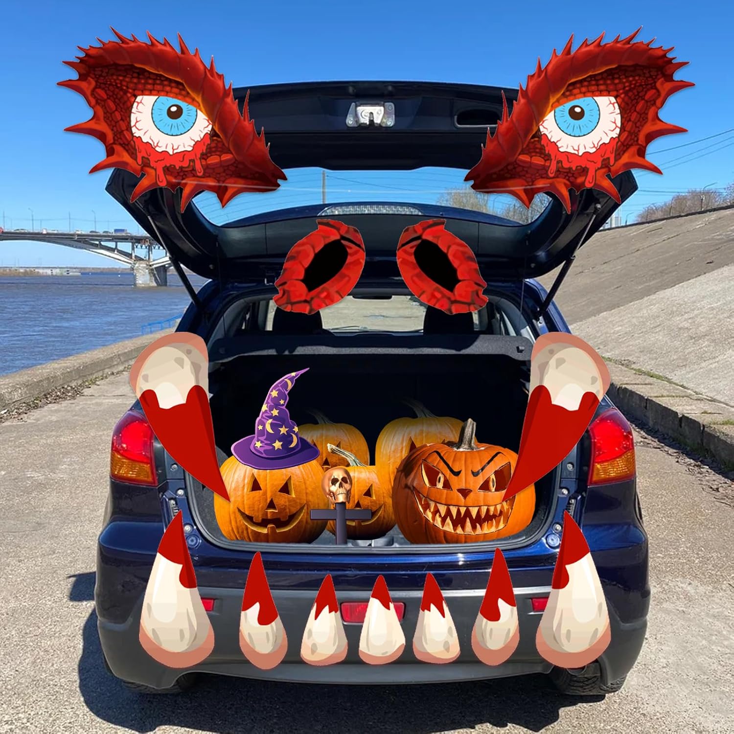 Garage Door Decorations - Trunk or Treat Car Decorations Kit, Halloween Monster Face Decorations for Car & SUV, Outside Garage Archway Door Haunted House Car Stickers Home Party Supplies