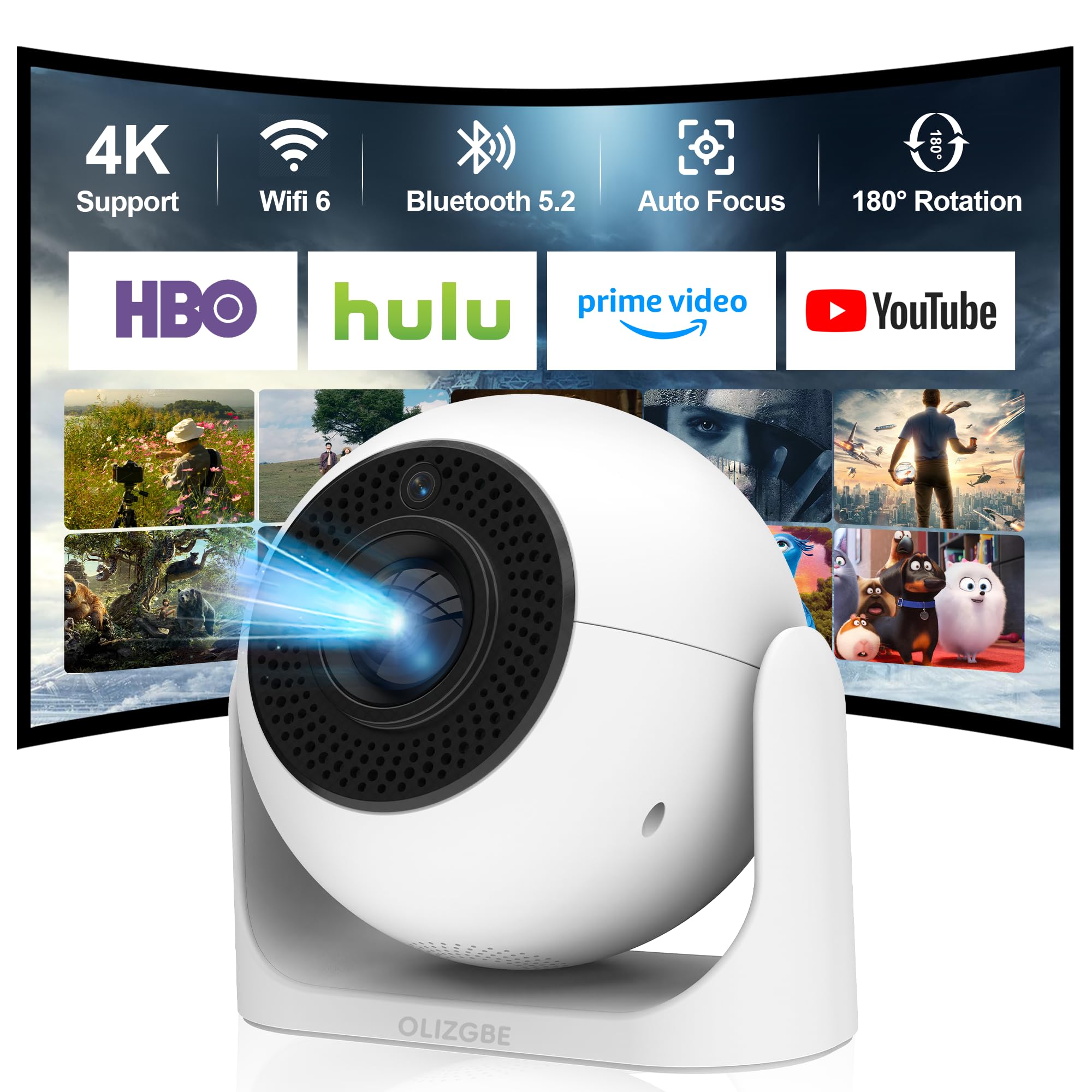 Photo 1 of [Auto Focus] Mini Portable Projector with WiFi and Bluetooth, Built-in Apps Smart Projector 4K Support, 180° Rotation Auto Keystone, Home Outdoor Movie Projector Compatible with TV Stick/Phone/Laptop