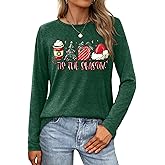 Christmas Shirts for Women: Merry Christmas Letter Print T-Shirts Xmas Tree Graphic Long Sleeve Tops