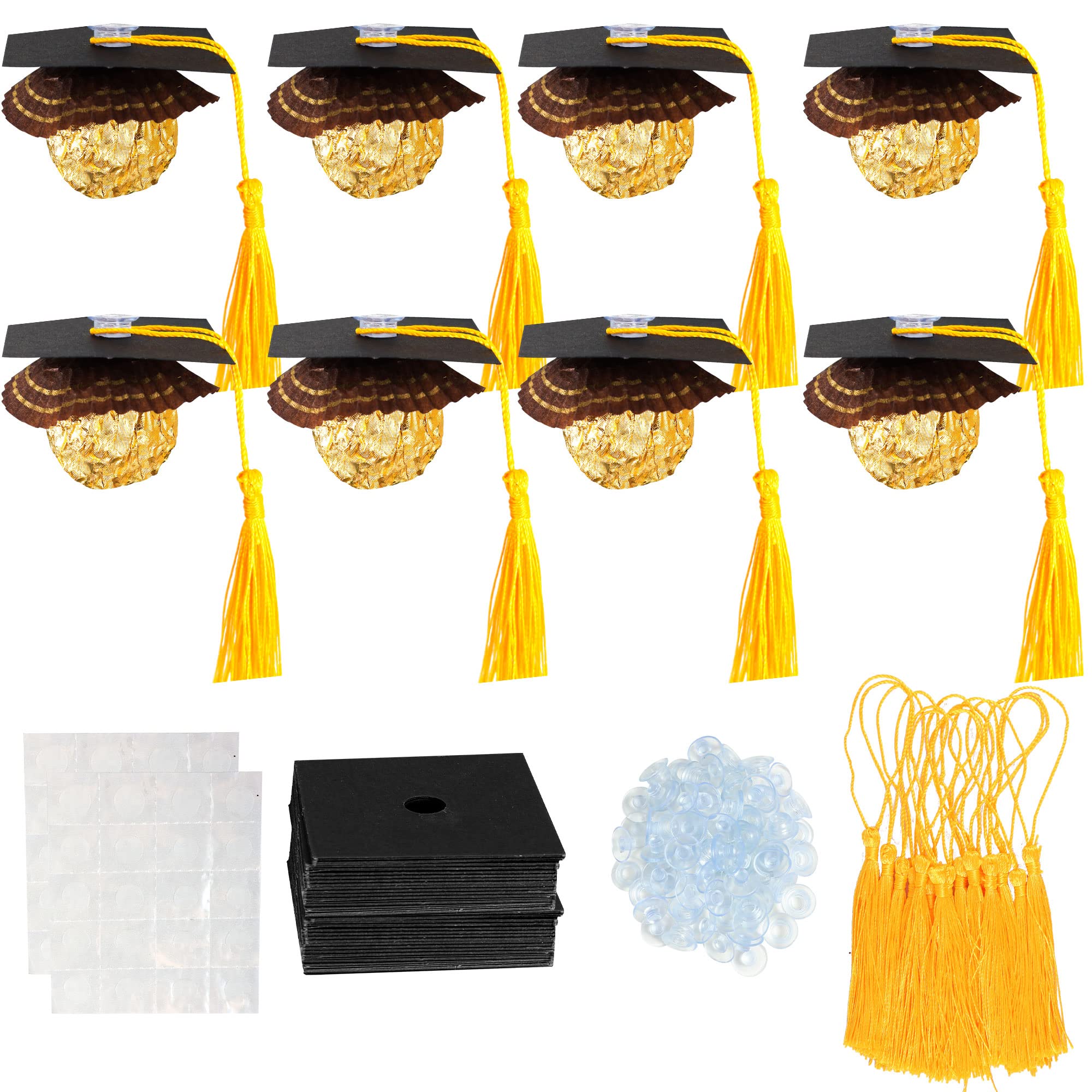 Photo 1 of *Missing Parts*  2025 Graduation Cap Cupcake Toppers with Tassel Adhesive Dots Chocolate Decorations Class of 2025 Congrats Grad Cap Cupcake Decorations for 2025 Graduation Theme Party Supplies Gold