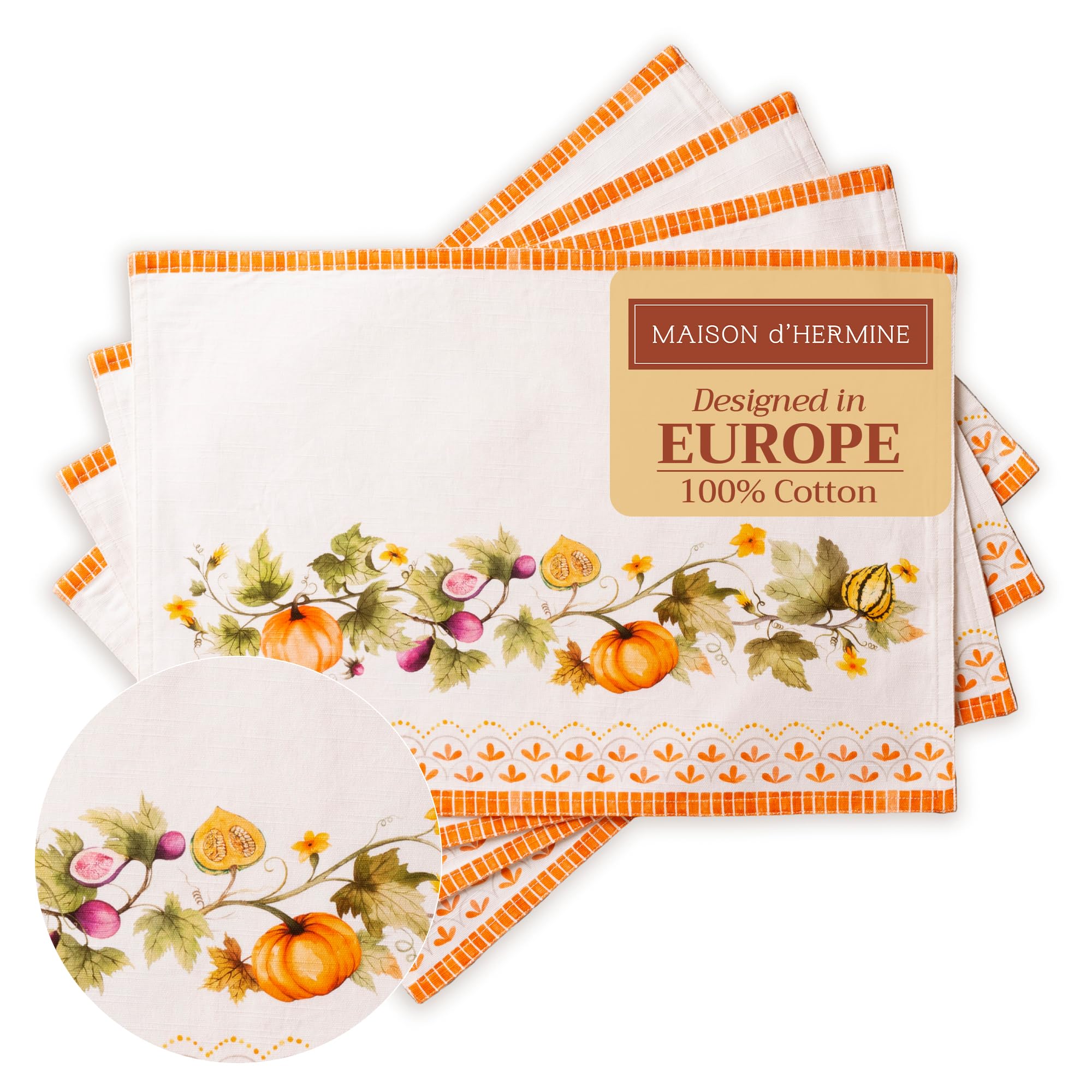 Maison d' Hermine Placemats Set of 4 100% Cotton Washable Cloth Place Mats, Reusable Table Mats for Christmas Decorations Kitchen Dining Restaurant (Pumpkin Garden - Cloudy Cream, 33 CM x 48 CM)