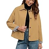 LifeShe Womens Cropped Trench Coat Single Breasted Classic Lapel Overcoat Plaid Lined Oversized Outerwear