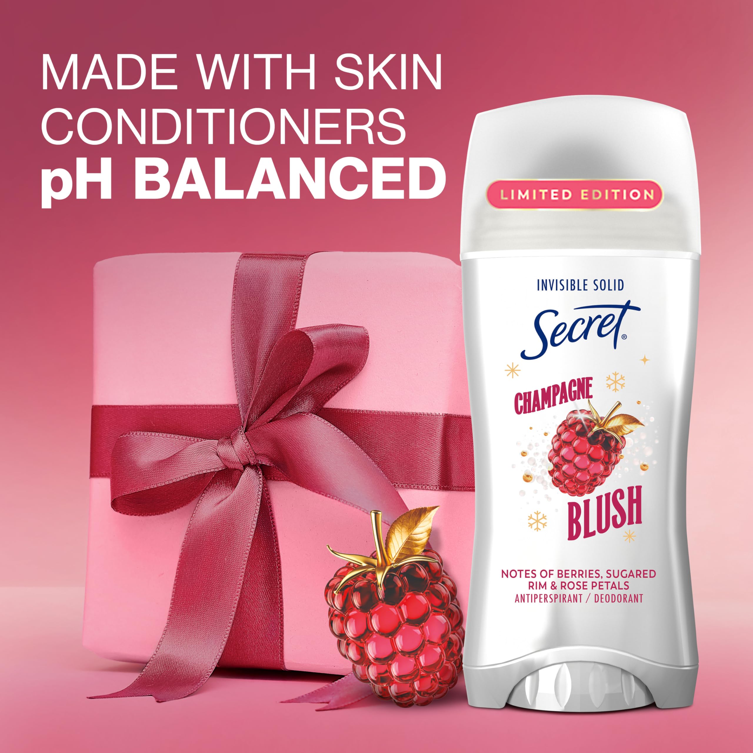 Secret Fresh Antiperspirant Deodorant for Women, 72hr Breathable Odor Protection with Pro-Hyaluronic Acid, Holiday Invisible Solid, Champagne Blush with Berries, Sugared Rim & Rose Petals Scent, 2.6oz