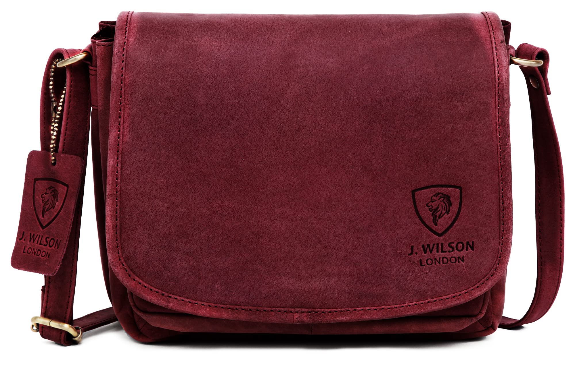J. Wilson London - Designer Genuine Real Distressed Retro Vintage Hunter Leather Handmade Women Ladies Unisex Flapover Travel Satchel Everyday Crossover Shoulder Bag (Distressed Maroon)