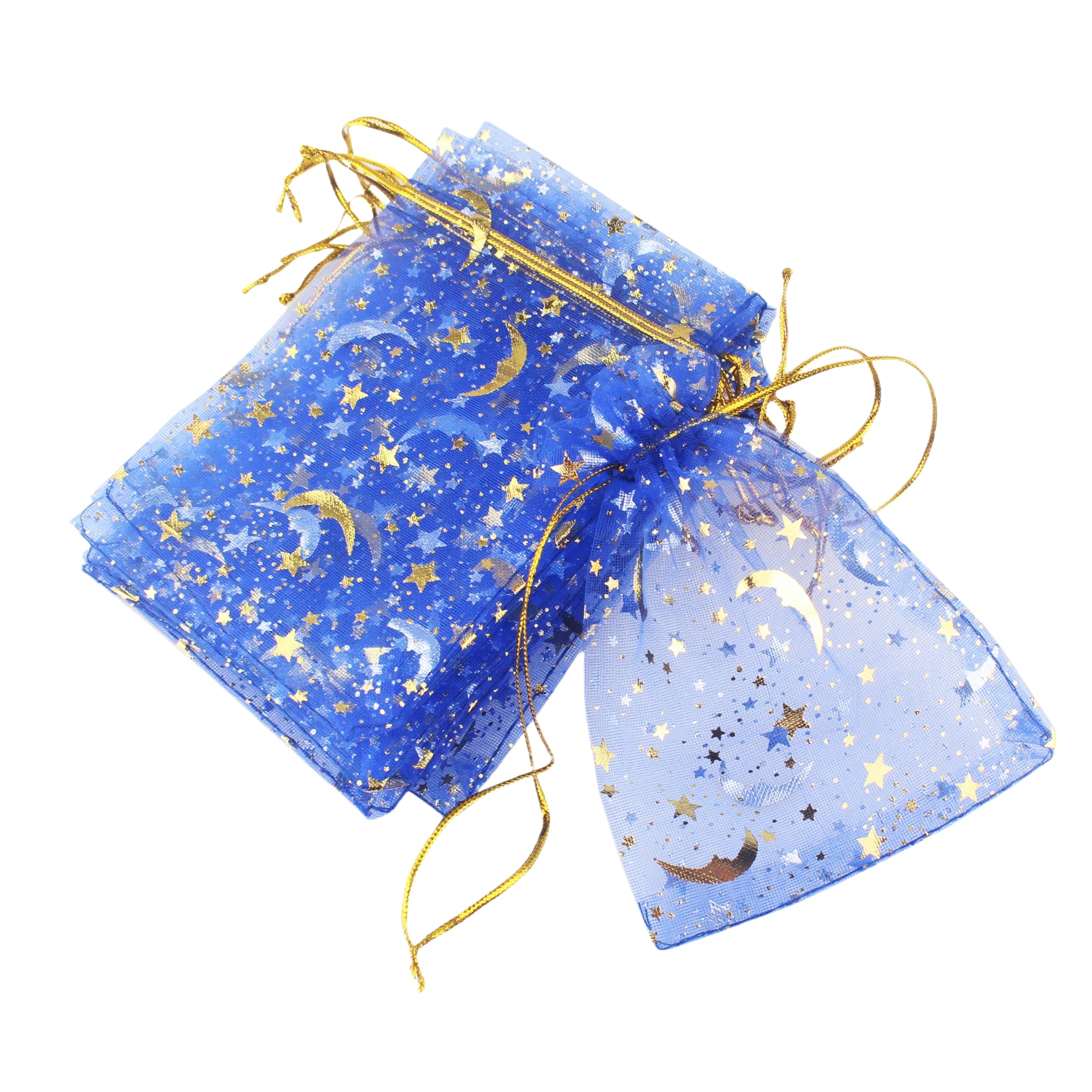 QIANHAILIZZ 100 Moon Star Organza Jewelry Gift Pouch Candy Pouch Drawstring Wedding Favor Bags (Royal Blue, 3.5 x 4.7 inch)
