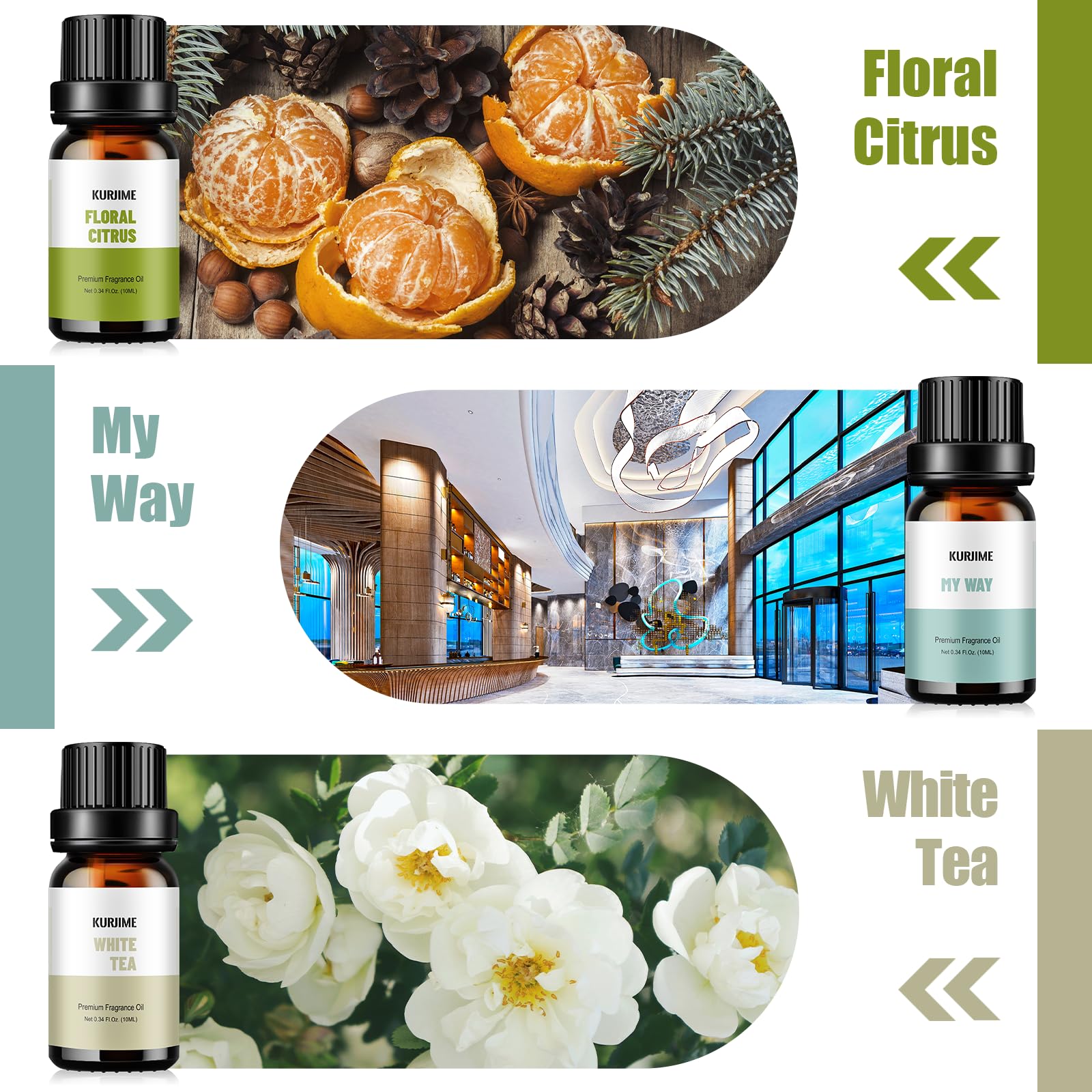 Fragrance Oils, Hotel Collection Diffuser Oil, Luxury Hotel Essential Oil Set for Diffuser, Soap & Candle Making Scents - Luxury Night, Jasmine & Mint, Lemon & Thyme, White Tea, Floral Citrus, My Way