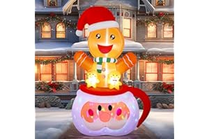 Alupssuc 6FT Christmas Inflatable Gingerbread Outdoor Decorations with Rotating Colorful LED Lights, Cup Lighted Blow Up Clearance for Lawn, Yard, Garden, Indoor Xmas Holiday Party Decor, 6 FT
