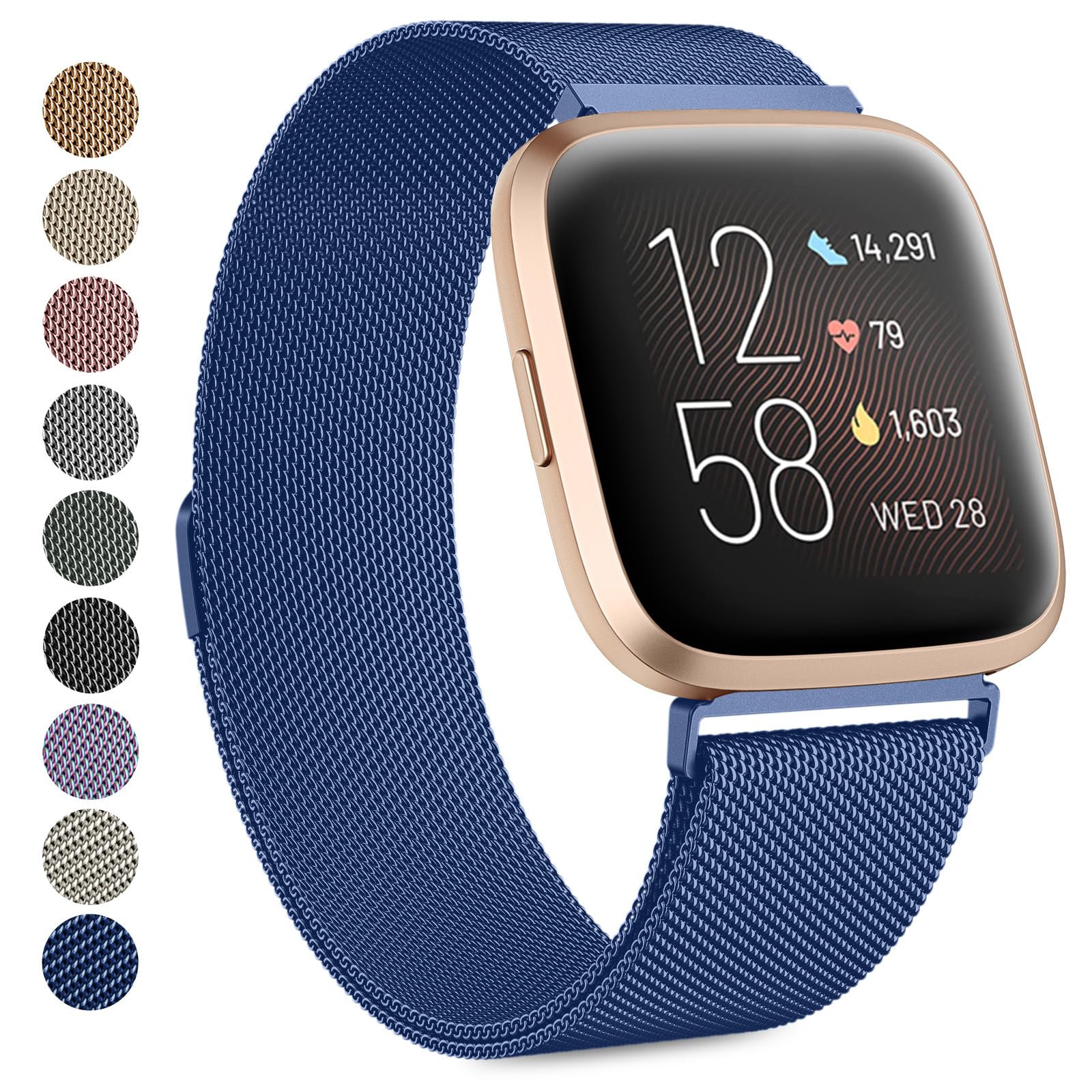 Fitbit Versa Strap - Breathable Stainless Steel Mesh Loop Adjustable Wristband Replacement (Navy Blue, Small)