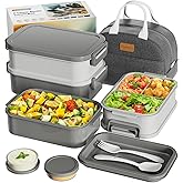 Adults Bento Box with Insulated Lunch Bag, 74oz Capacity 3 Stackable Leak-Proof Bento Box Built-In Utensil and Sauce, PFAS & BPA-Free, Microwave & Dishwasher Safe (Dusk Gray)