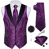 DiBanGu Mens Silk Vest and Tie Set 7PCS Paisley Suit Waistcoat and Necktie with Lapel Pin for Wedding Shawl Collar Dress Vest