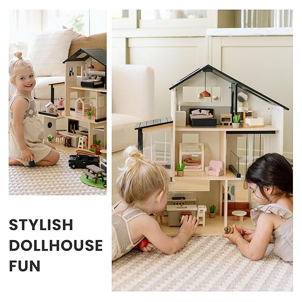 TINY LAND DOLL HOUSE, MODERN FAMILY DOLLHOUSE WITH REALISTIC DESIGN, WOODEN DOLLHOUSE WITH 53PCS FURNITURE – IDEAL GIFT FOR KIDS AGES 3+